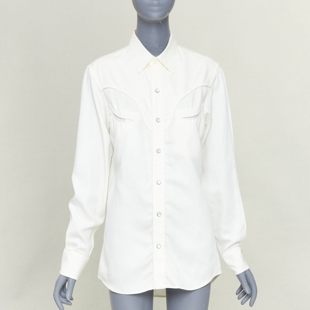 RALPH LAUREN PURPLE LABEL white cotton twill smile yoke western button shirt S