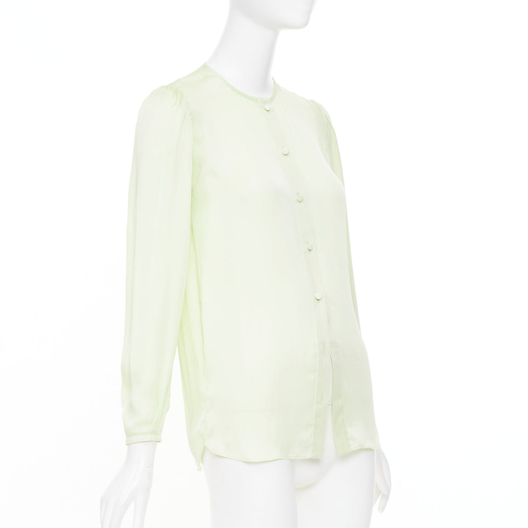 GIVENCHY pale lime green collarless covered button gathered silk blouse FR34 XS