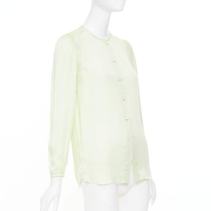GIVENCHY pale lime green collarless covered button gathered silk blouse FR34 XS