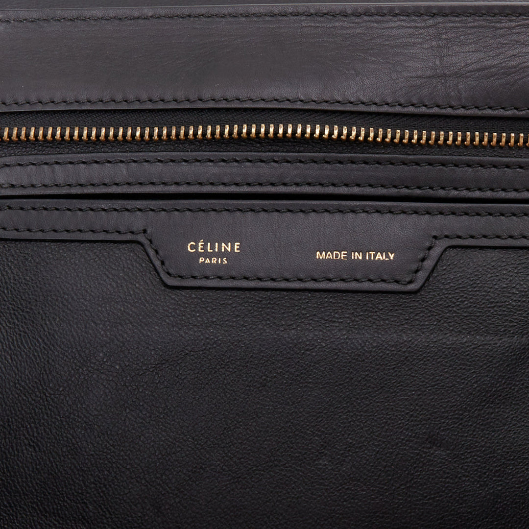 CELINE Trapeze black smooth leather cream canvas crossbody satchel bag
