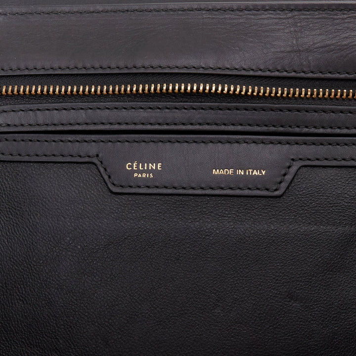 CELINE Trapeze black smooth leather cream canvas crossbody satchel bag