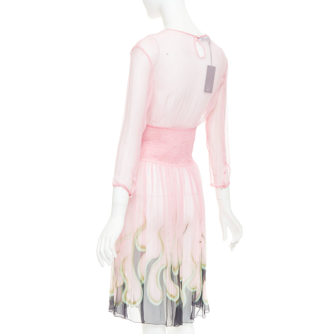 rare PRADA 2012 pink sheer silk chiffon green black flame knee dress IT42 M
