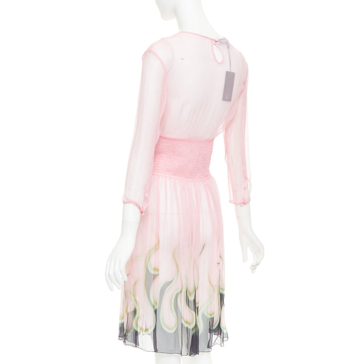 rare PRADA 2012 pink sheer silk chiffon green black flame knee dress IT42 M