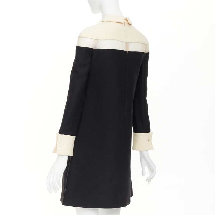 VALENTINO 2014 black beige sheer tulle wool silk inverted pleat dress IT40 S
