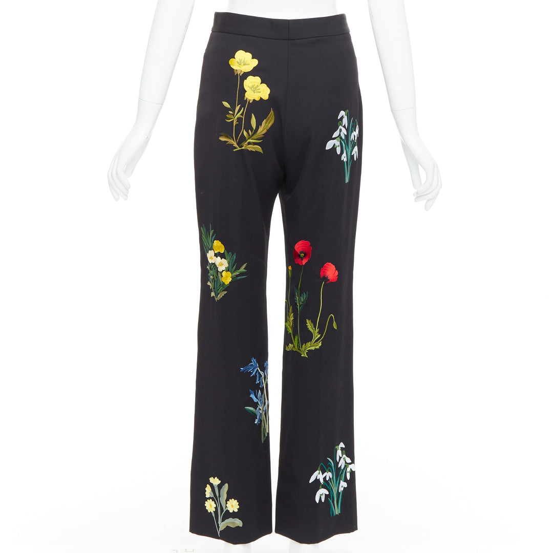 STELLA MCCARTNEY 2015 black 100% wool floral embroidery trousers IT36 XXS