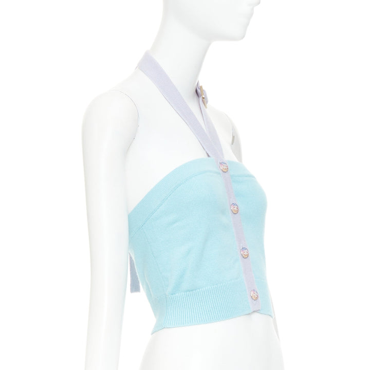 CHANEL 23P Runway blue purple CC buton cashmere buckle halter top FR34 XS