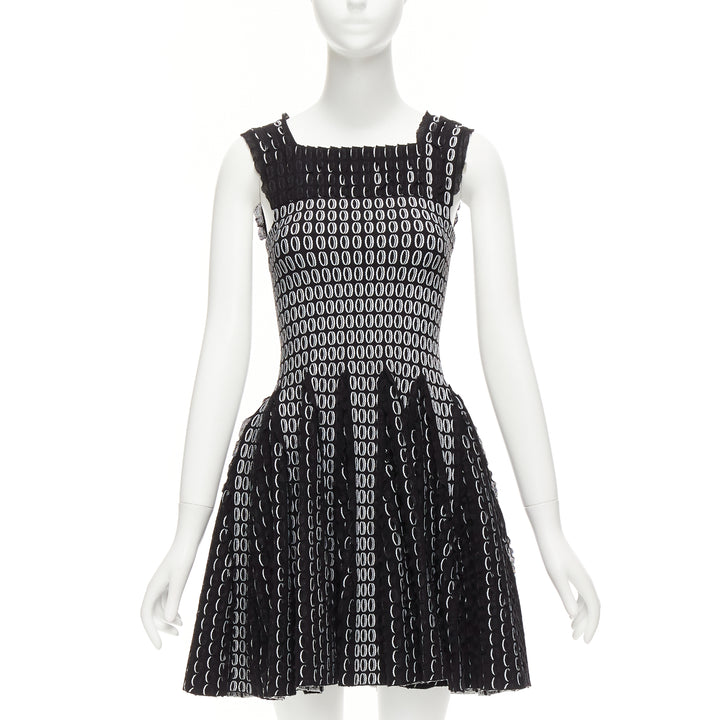 ALAIA black white scallop ruffle eyelet jacquard knitted fit flare dress FR36 S