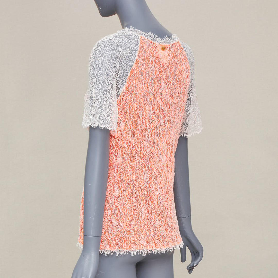 CHANEL 00P sheer orange white cotton lace layered knitwear top FR46 XL