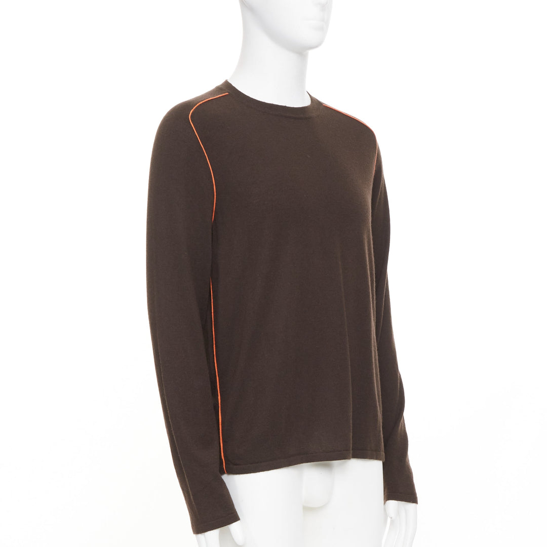 HERMES Vintage 100% cashmere brown contrast orange piping knit crew sweater M