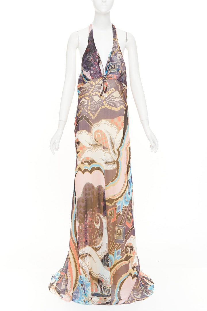 CHRISTIAN LACROIX Vintage abstract paisley print silk halter dress FR46 3XL