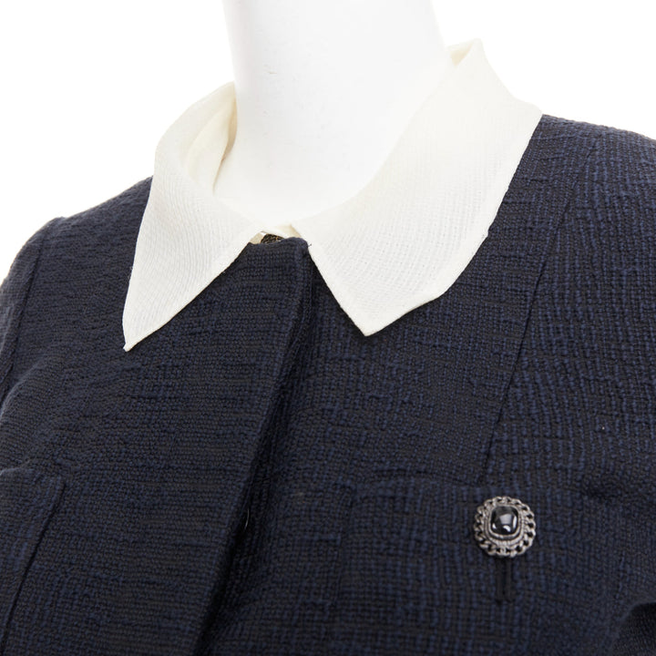 CHANEL 2010 Karl Lagerfeld Runway black cream silk trim collar crop coat FR36 S