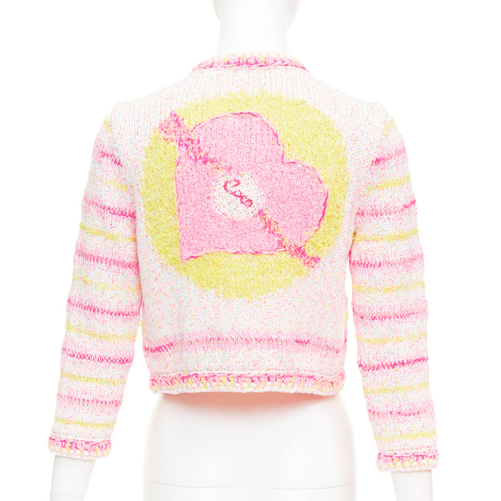 CHANEL 24C Coco Heart pink crochet tweed trim cardigan jacket FR34 XS