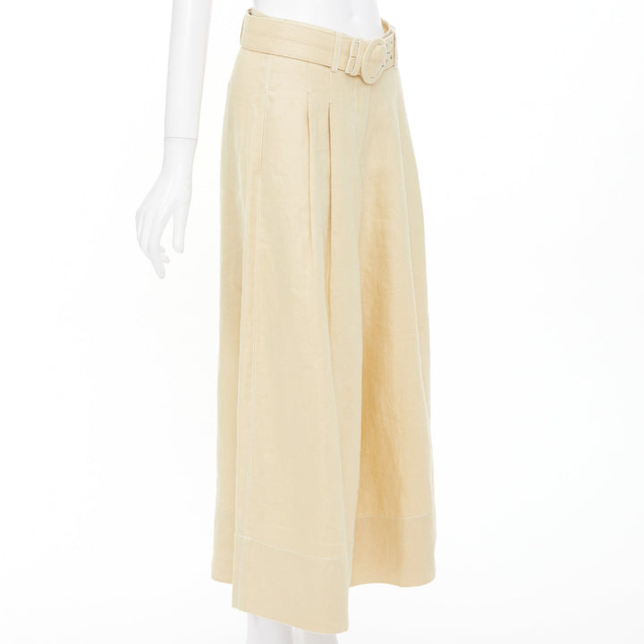 NICHOLAS beige linen belted pleated front wide leg cropped utility pants FR36 S