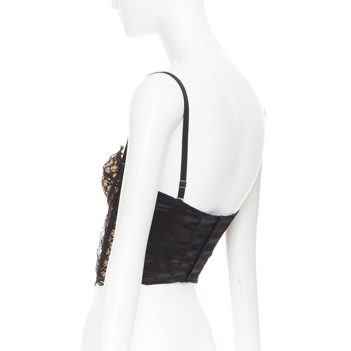 GUCCI 2022 Runway Aria black beige GG monogram net lace corset bustier top M