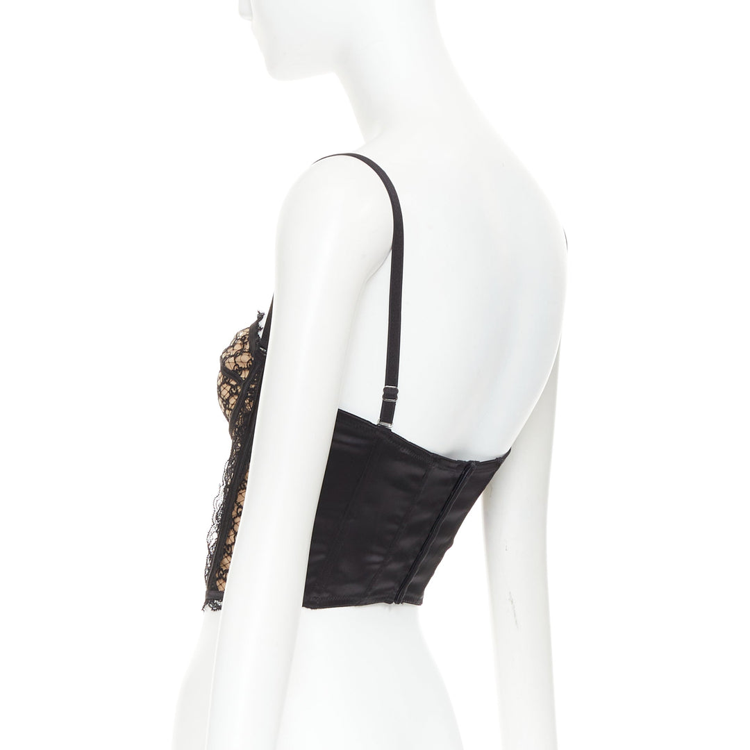 GUCCI 2022 Runway Aria black beige GG monogram net lace corset bustier top S