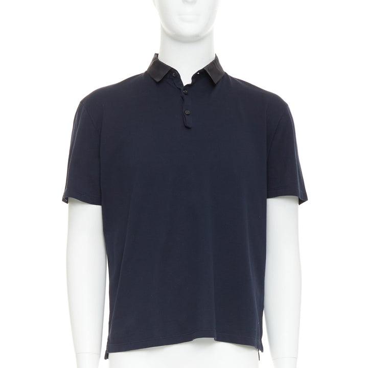 LANVIN navy cotton black grosgrain collar trim short polo shirt M