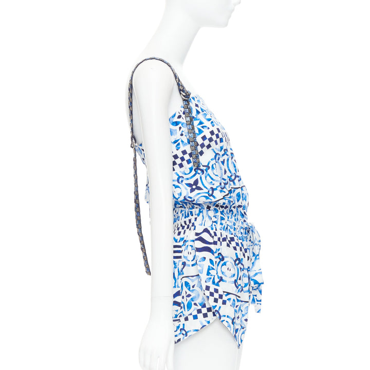 LOUIS VUITTON Monogram Tile silk white blue majolica beaded playsuit FR34 XS