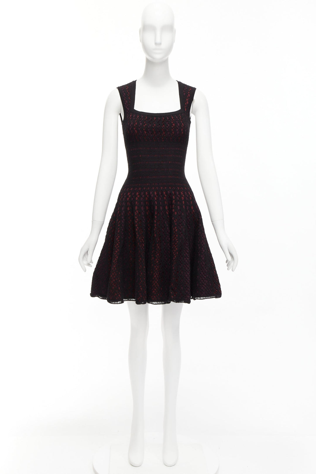 ALAIA black burgundy virgin wool blend cut out jacquard square neck dress FR36 S