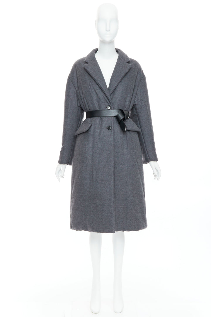 PRADA 2022 grey cashmere wool leather logo belt padded coat IT40 S