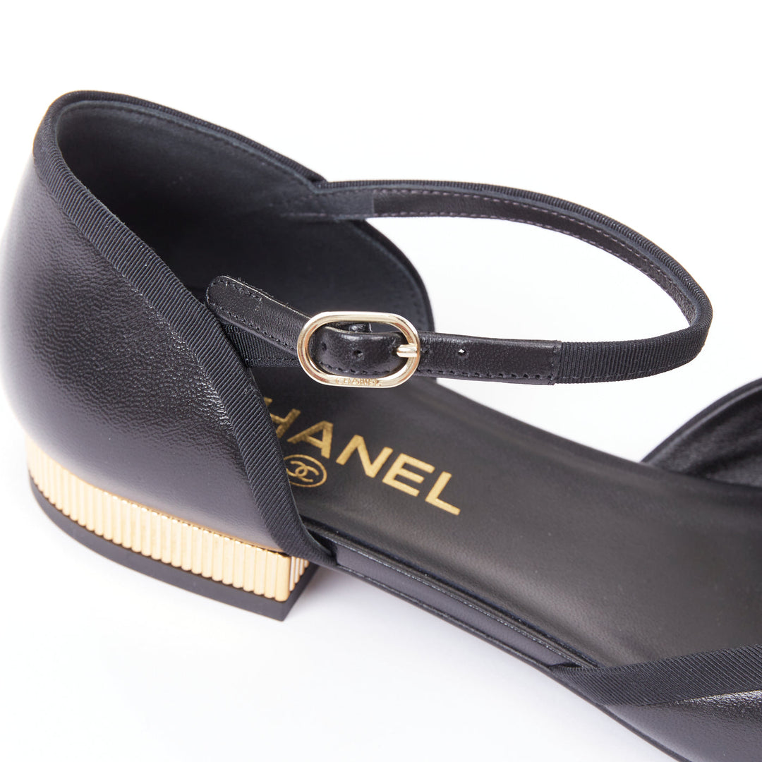 CHANEL 20C black leather grosgrain cap toe gold CC heel mary jane flats EU40