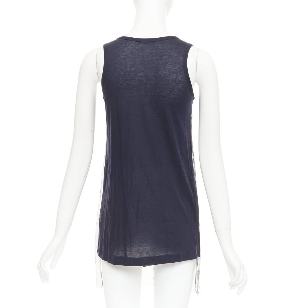 VERA WANG navy cotton silk sheer overlay paillette beaded scoop tank top S