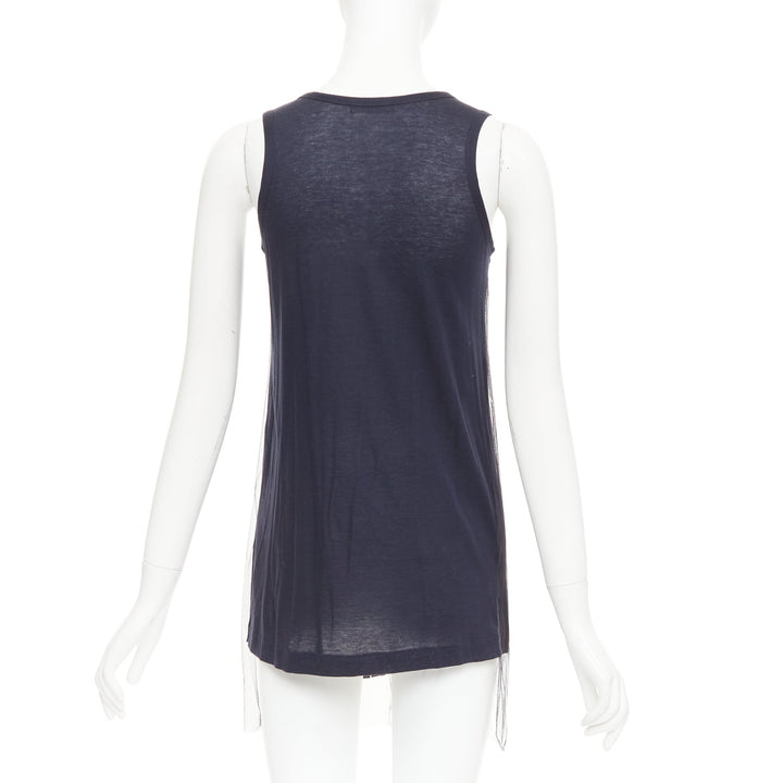 VERA WANG navy cotton silk sheer overlay paillette beaded scoop tank top S