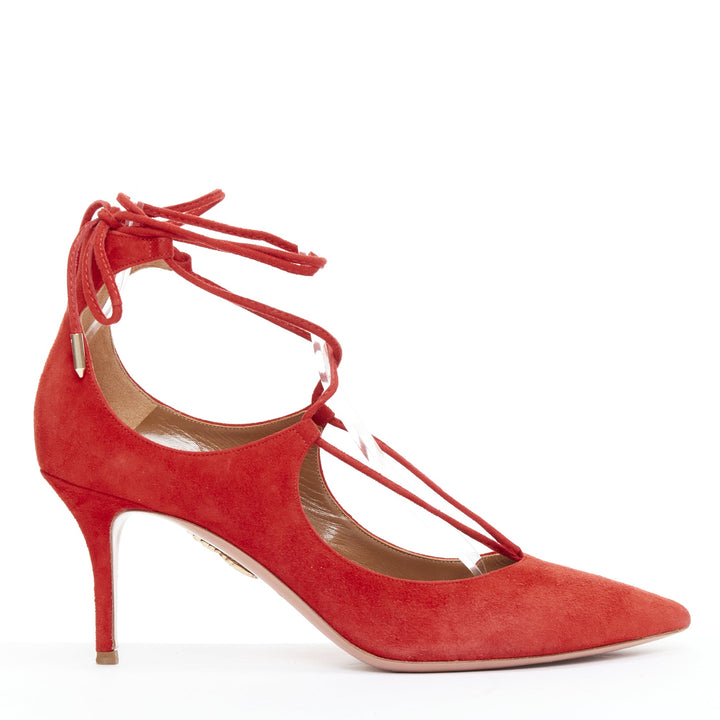 AQUAZZURA Christy 75 red suede leather lace up mid pumps EU39.5