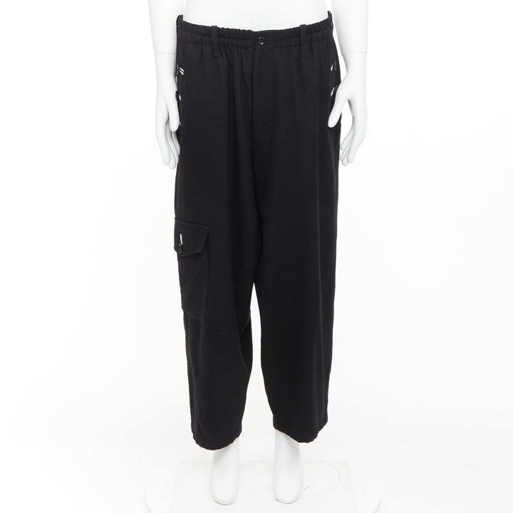 YOHJI YAMAMOTO black wool white cotton trim buttons wide leg pants JP3 L