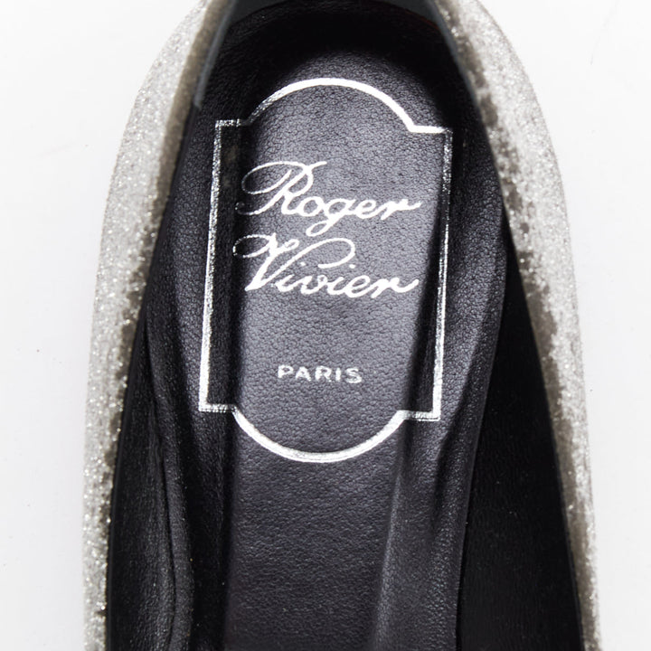 ROGER VIVIER silver glitter crystal buckle pointy toe ballerina flats EU37