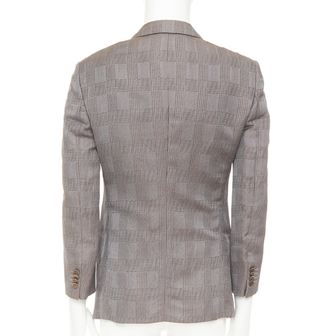 GIORGIO ARMANI taupe grey houndstooth plaid notched lapel blazer IT46 S