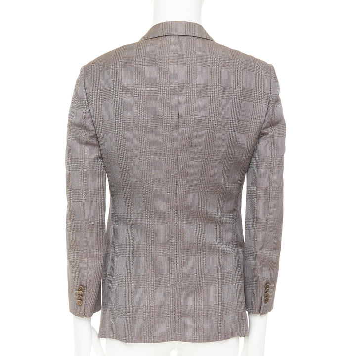 GIORGIO ARMANI taupe grey houndstooth plaid notched lapel blazer IT46 S