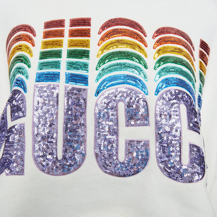 GUCCI 2020 white Rainbow Sequin Logo raw cut hem cropped hoodie sweatshirt S