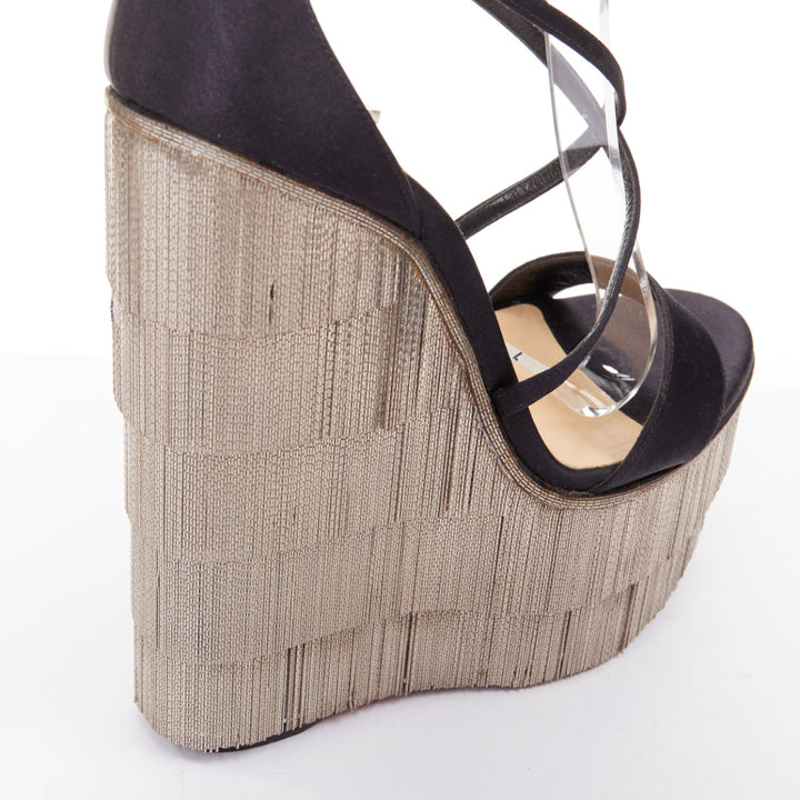 rare CHRISTIAN LOUBOUTIN Foxtrottissima 160 silver chain fringe wedges EU38