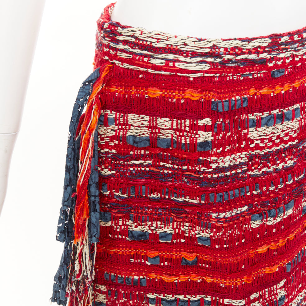 CHANEL 2013 Paris Dallas red multicolor cotton tweed fringe wrap skirt FR40 L