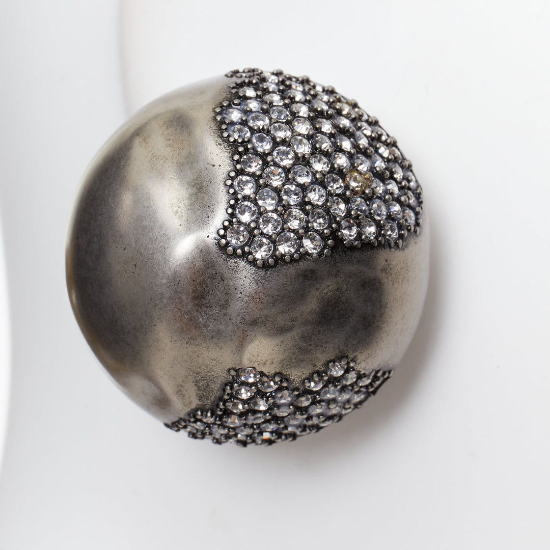 SAINT LAURENT crystal embellished aged silver metal dome clip on earrings Pair