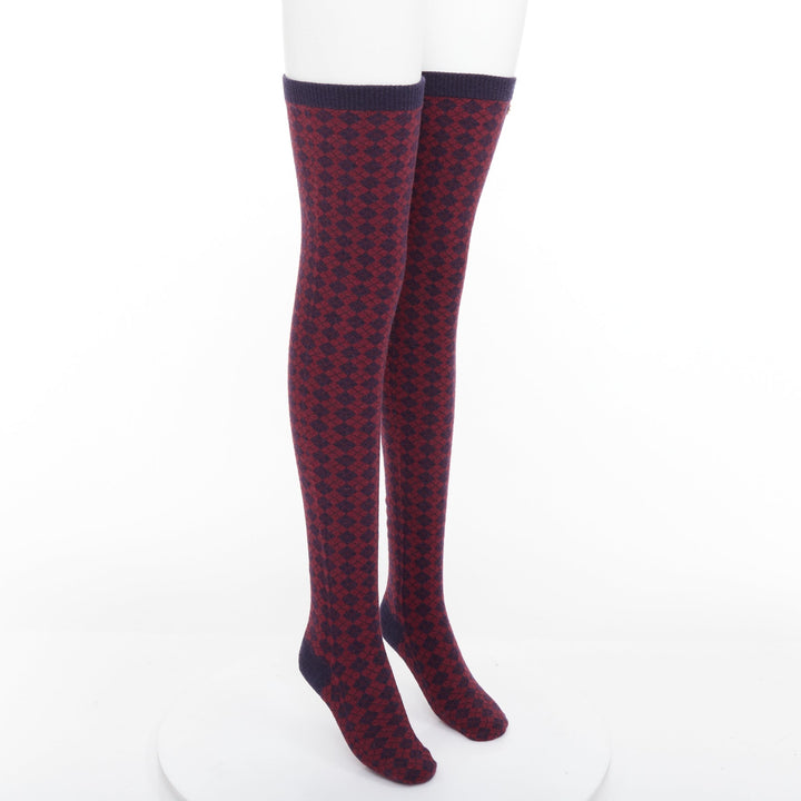 CHANEL red navy wool CC logo button checked wool thigh high socks M