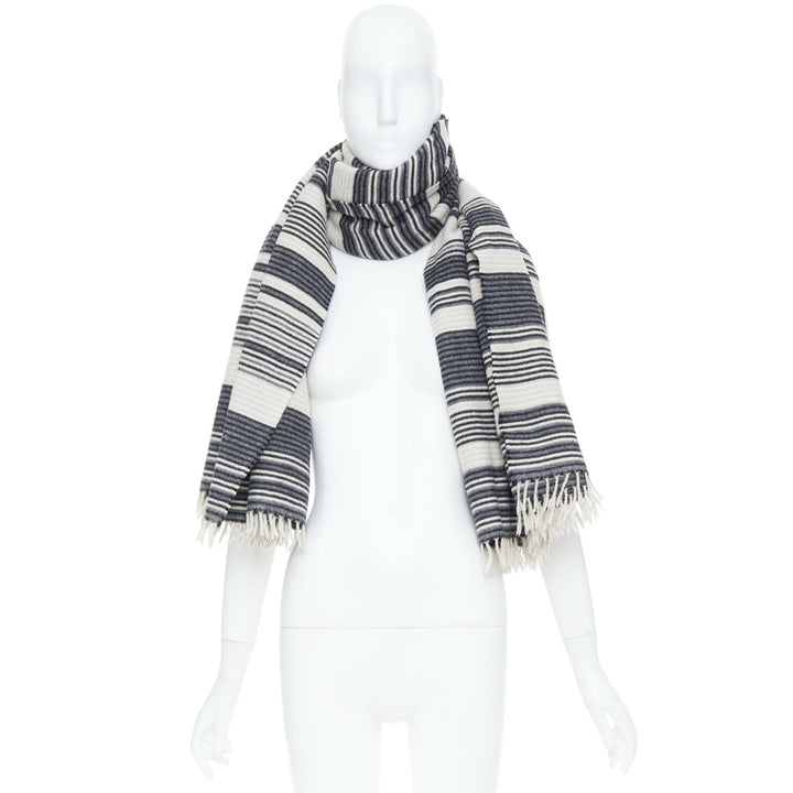 MISSONI monochrome horizontal striped wool blend knit blanket fringe scarf