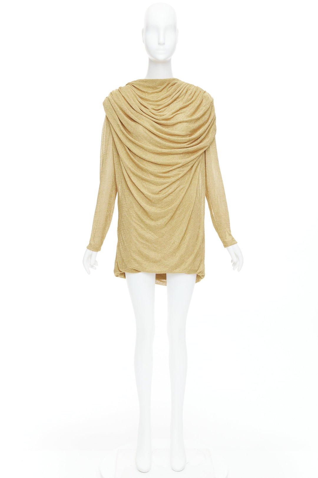 KHAITE Taiden gold metallic stretch knit drape open back mini dress L