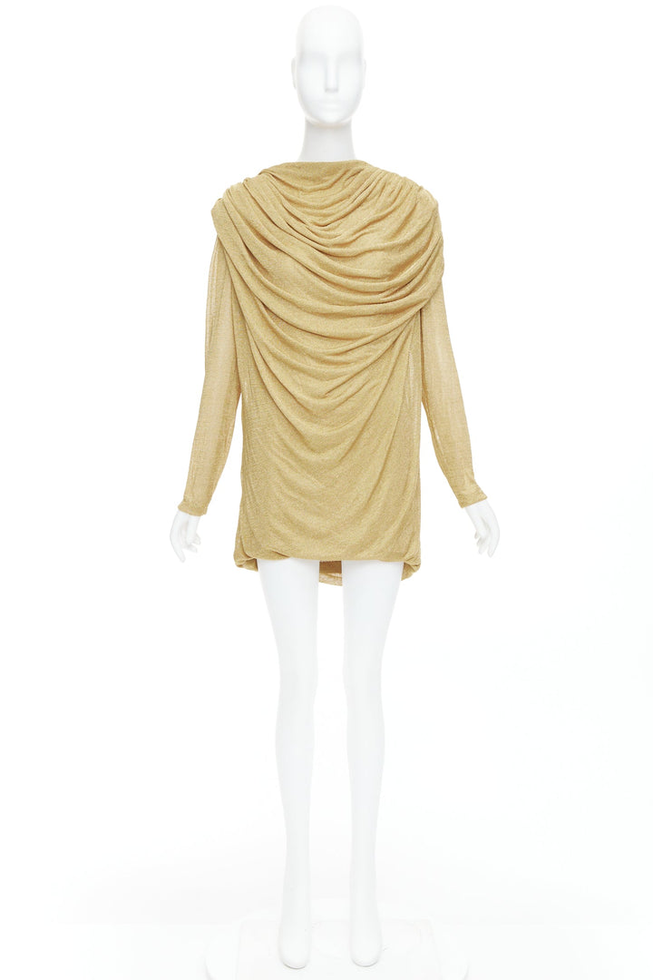 KHAITE Taiden gold metallic stretch knit drape open back mini dress L