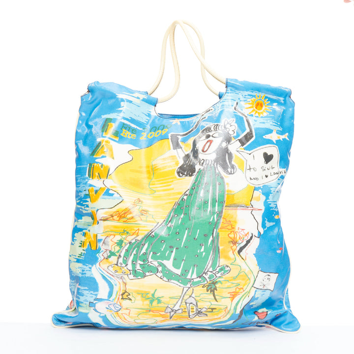 LANVIN 2009 blue singing cartoon print laminated canvas tote bag