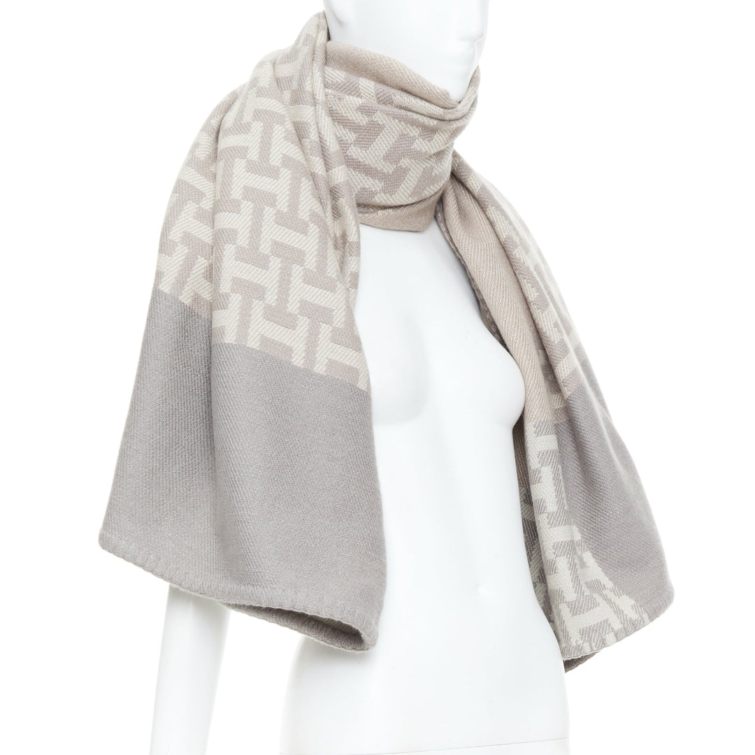 HERMES Avalon Nepal grey intarsia monogram logo knit wool cashmere blanket scarf