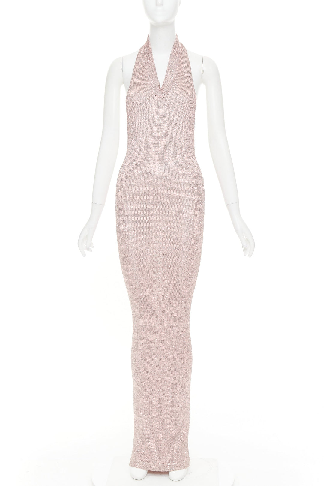 ALEXANDRE VAUTHIER metallic pink sequinned knitted halter backless gown dress