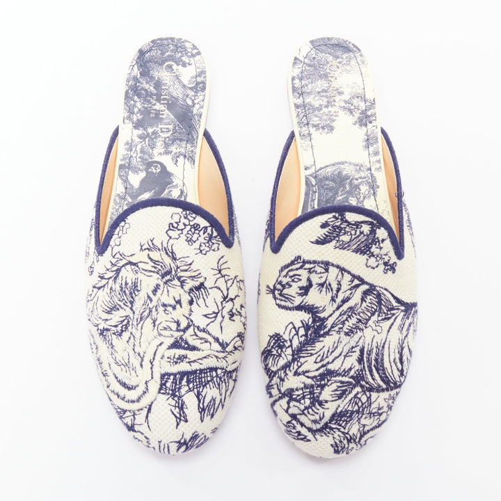 CHRISTIAN DIOR Off navy Toile de Jouy print canvas mule flats EU38