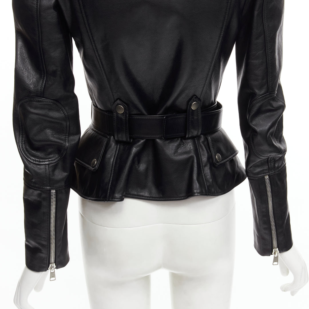 ALEXANDER MCQUEEN 2010 black leather belted peplum biker jacket IT38 XS