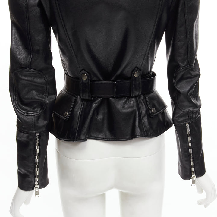 ALEXANDER MCQUEEN 2010 black leather belted peplum biker jacket IT38 XS