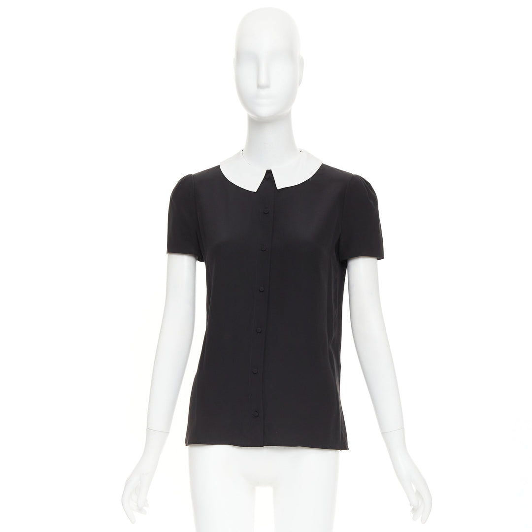SAINT LAURENT 2014 black cream silk peter pan collar cap sleeve blouse FR36 S