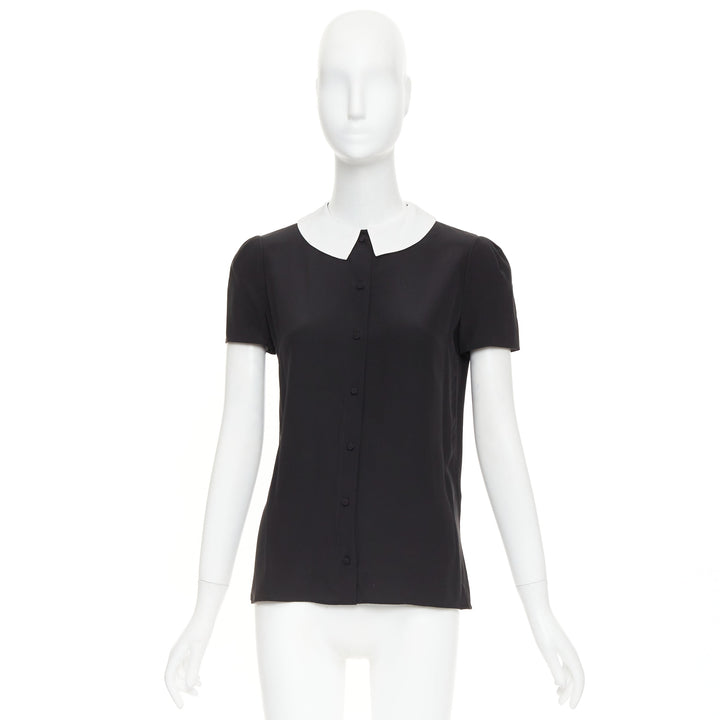 SAINT LAURENT 2014 black cream silk peter pan collar cap sleeve blouse FR36 S