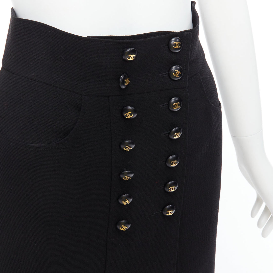 CHANEL 95C black  wool silk lined gold CC logo buttons skirt FR38 M