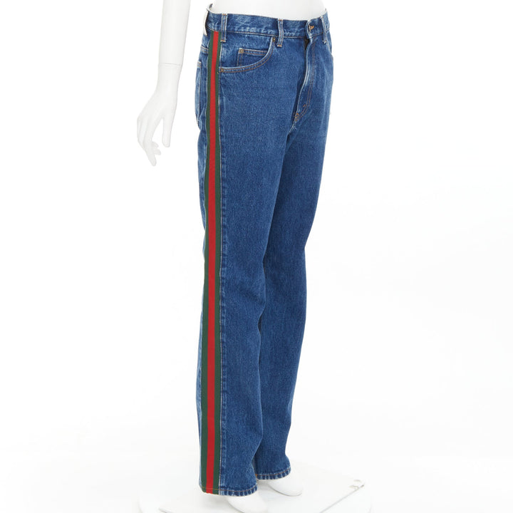 GUCCI blue cotton blend signature green red web trim straight leg jeans 31"