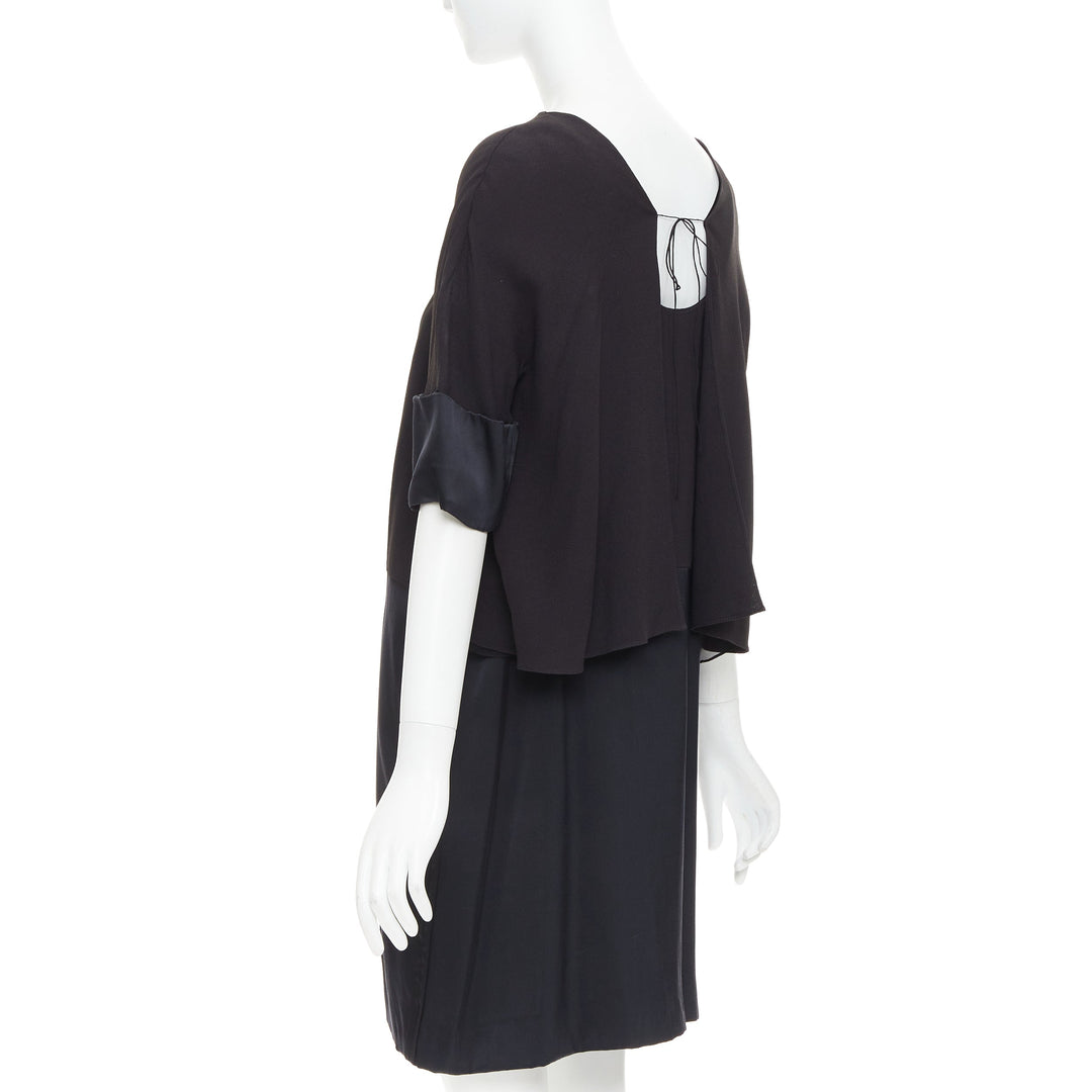 CHLOE black 100% silk crepe satin contrast cape back dress FR42 XL